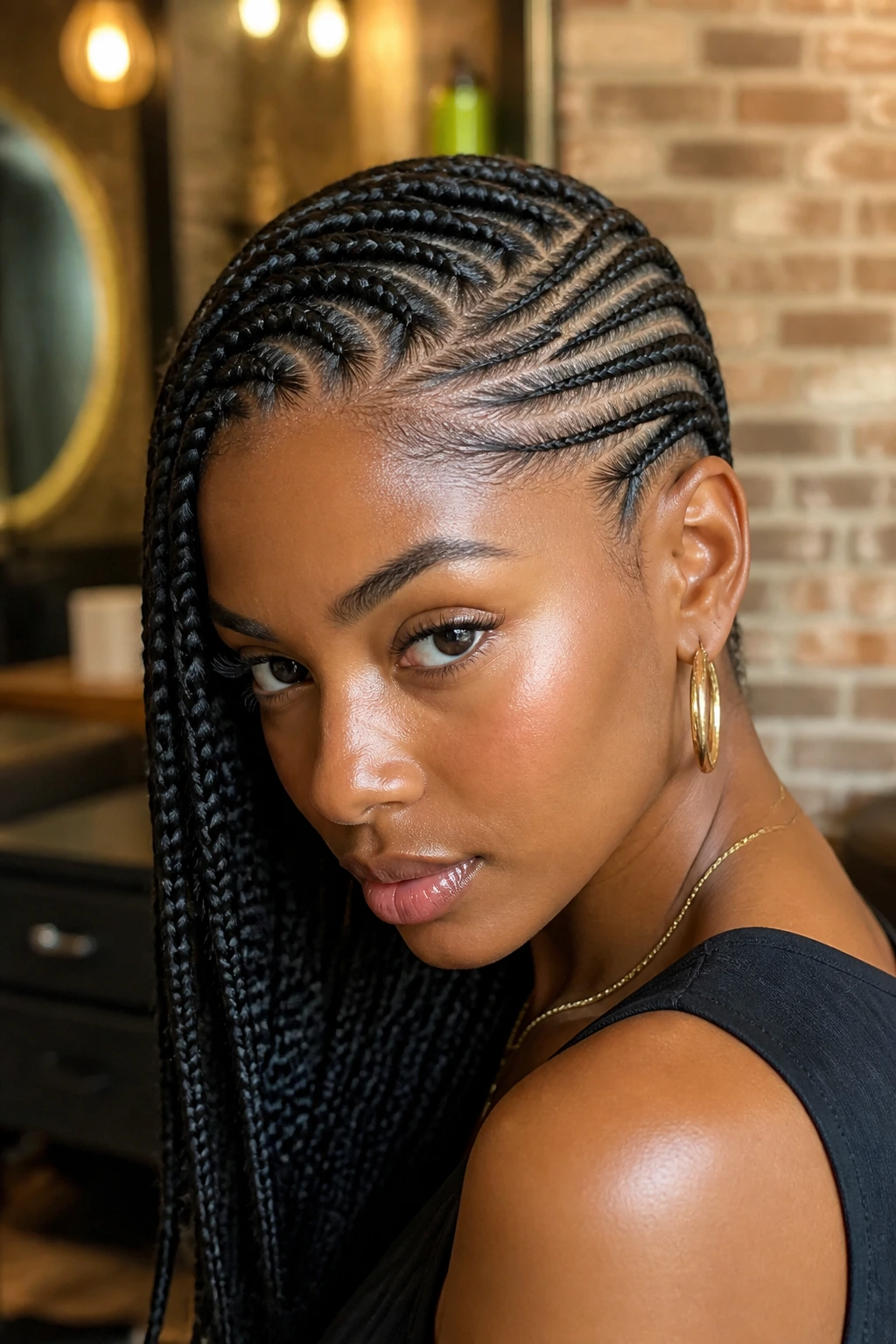 Real person with side-swept cornrows highlighting diagonal lines.