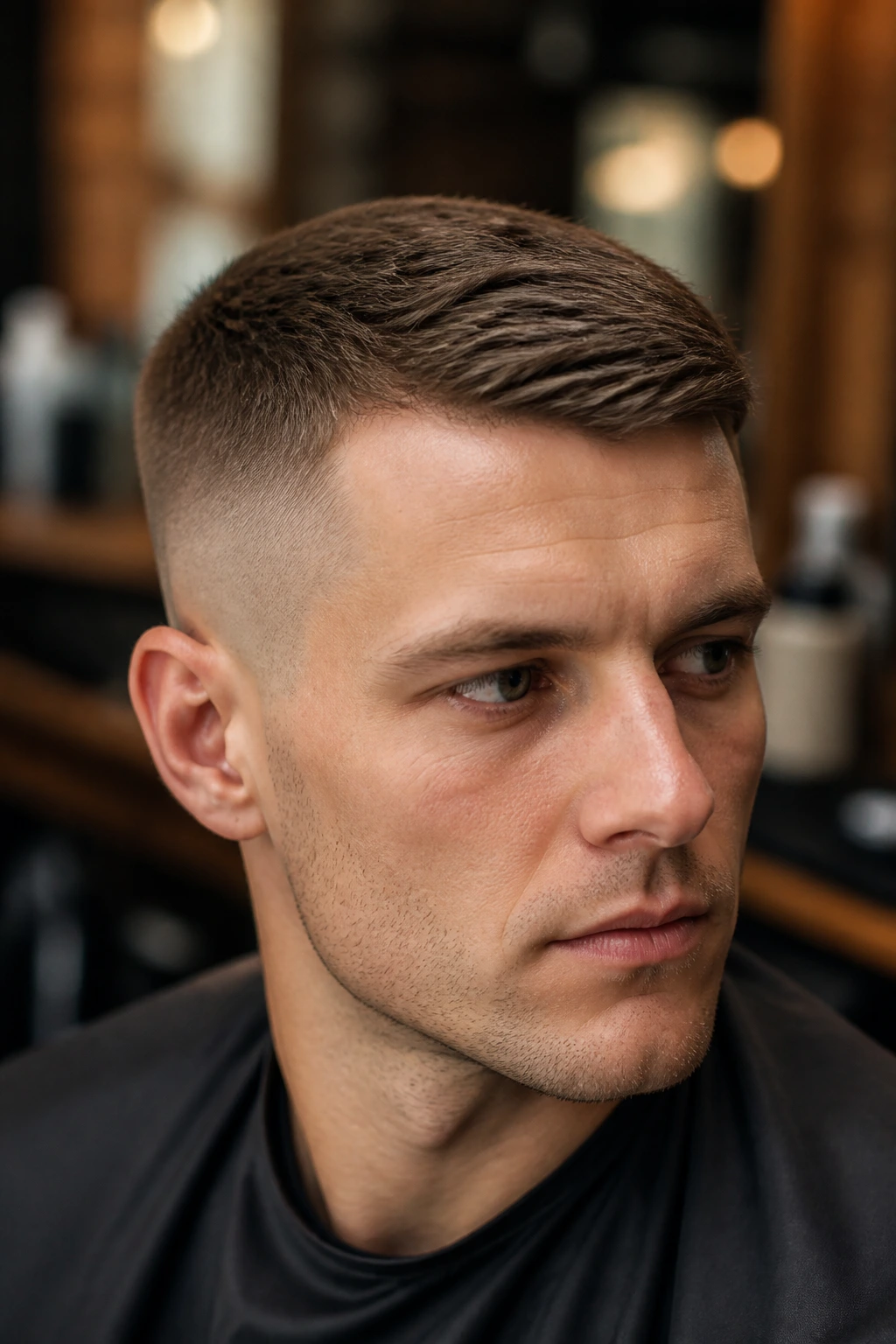 Close-up portrait of a man with a side-swept crew cut in a warm barber shop