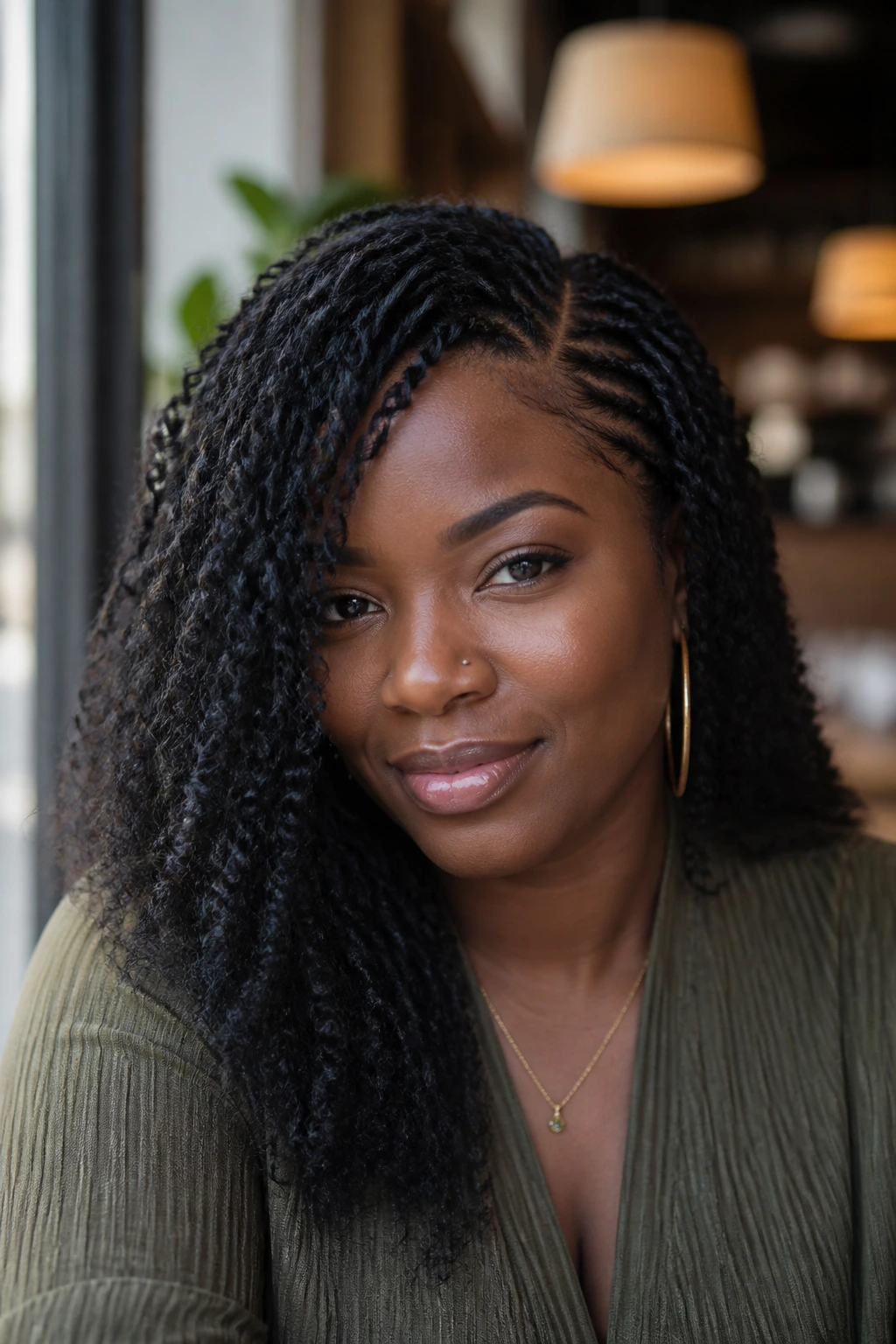 Close-up portrait of a real person with a deep-part side-swept crochet hairstyle