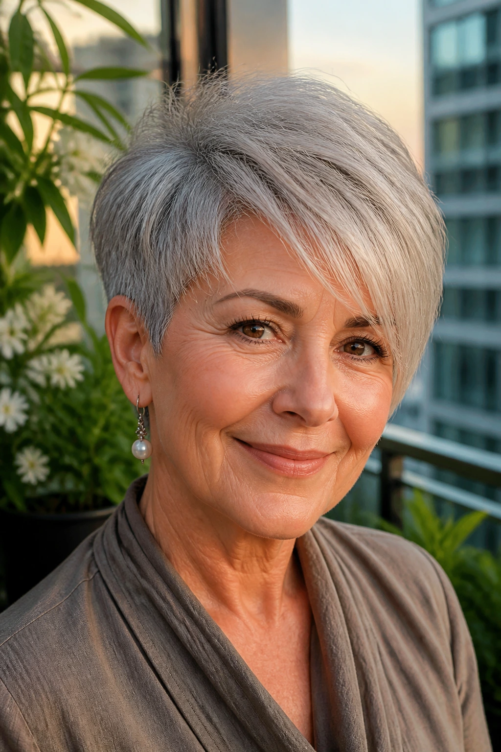 Portrait of a woman with a side-swept crop and longer top