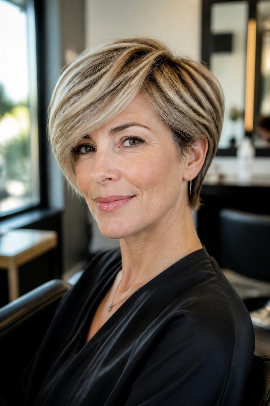 Close-up portrait of a real woman with a side-swept layered crop in a sunlit salon