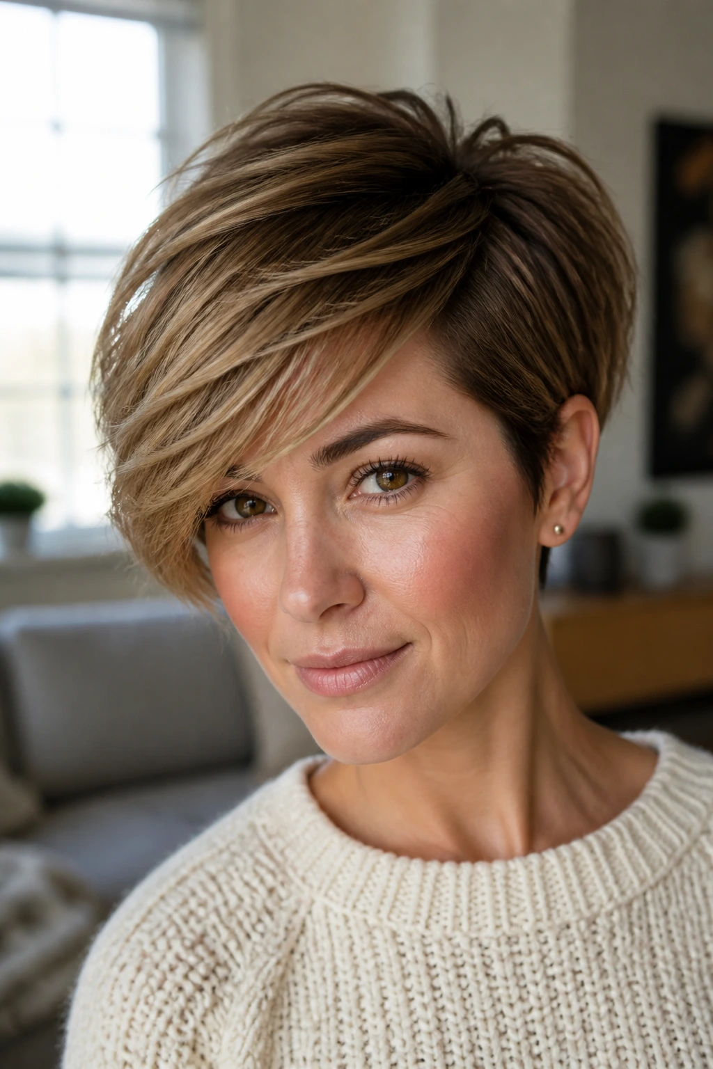 Portrait of a woman with a side-swept crop and long bangs
