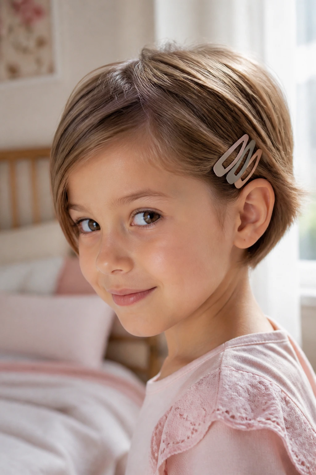 Close-up of a young girl with a side-swept crop secured by matte clips at the temple.