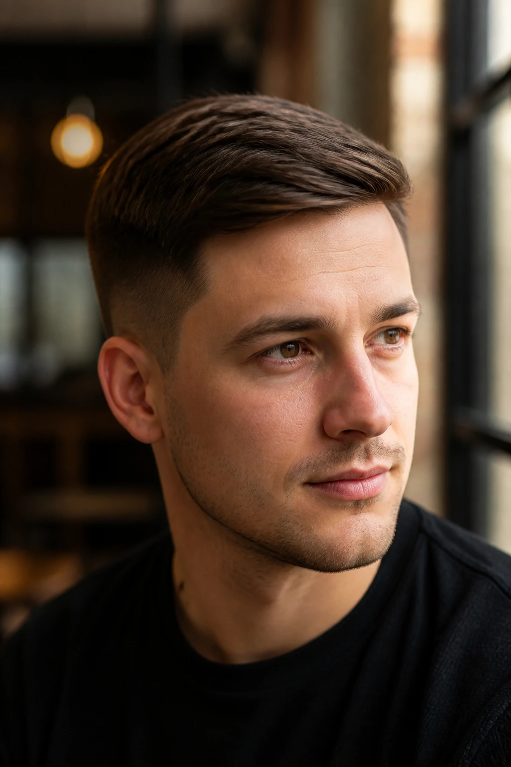 Close-up of a man with a side-swept crop comb over hairstyle