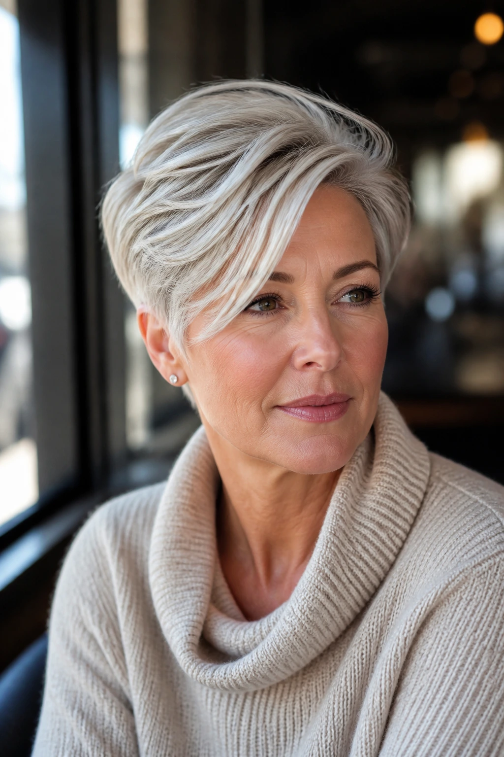 Close-up of a real woman with a side-swept crop and crown height in cozy daylight