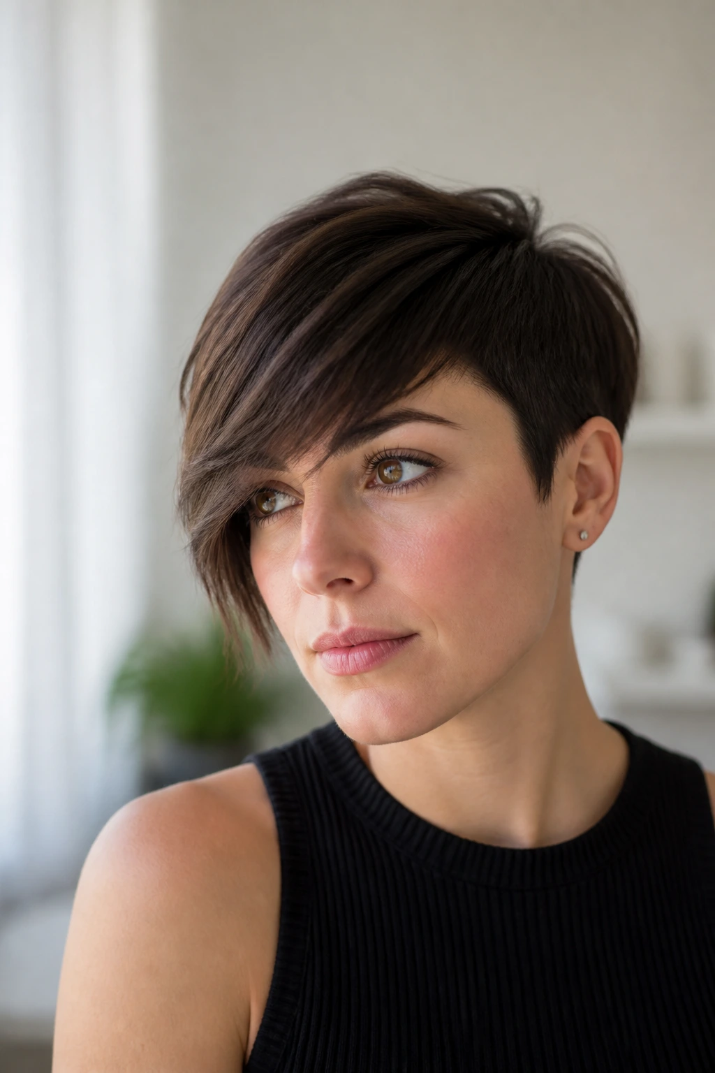 Close-up of a real person with a side-swept asymmetrical crop and fringe.