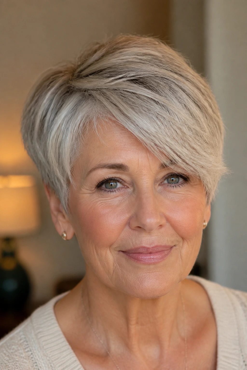 Close-up of real woman with side-swept crop and soft layers