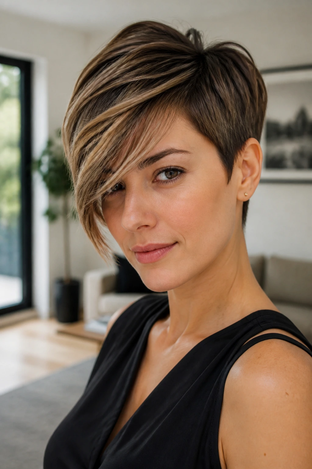 Real woman with side-swept crop and long fringe in soft daylight