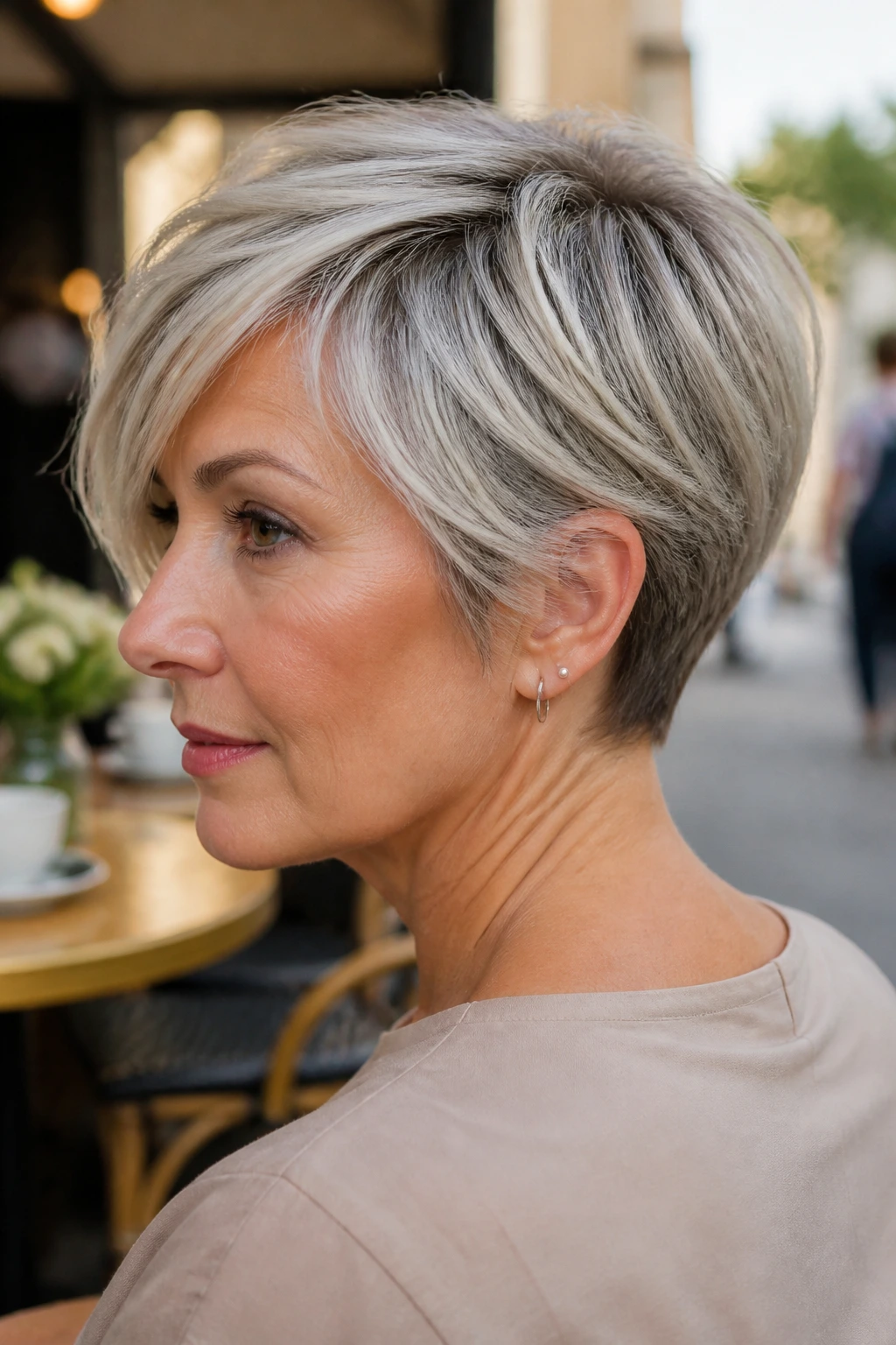 Close-up of a real woman with Side-Swept Crop with Nape Detail at a cafe