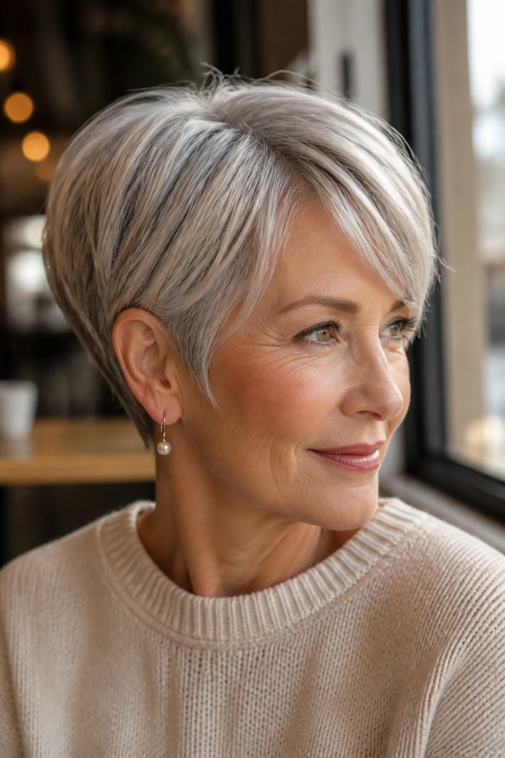 Close-up of a mature woman with side-swept crop and pearl highlights