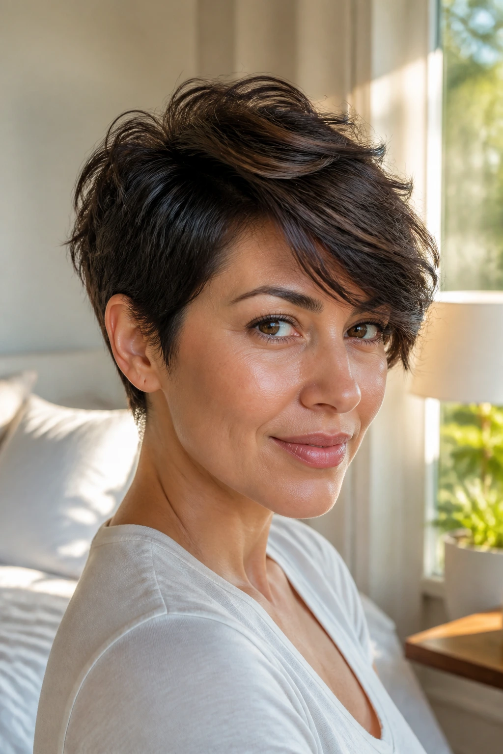 Close-up portrait of a real woman with a side-swept crop hairstyle by a sunlit window