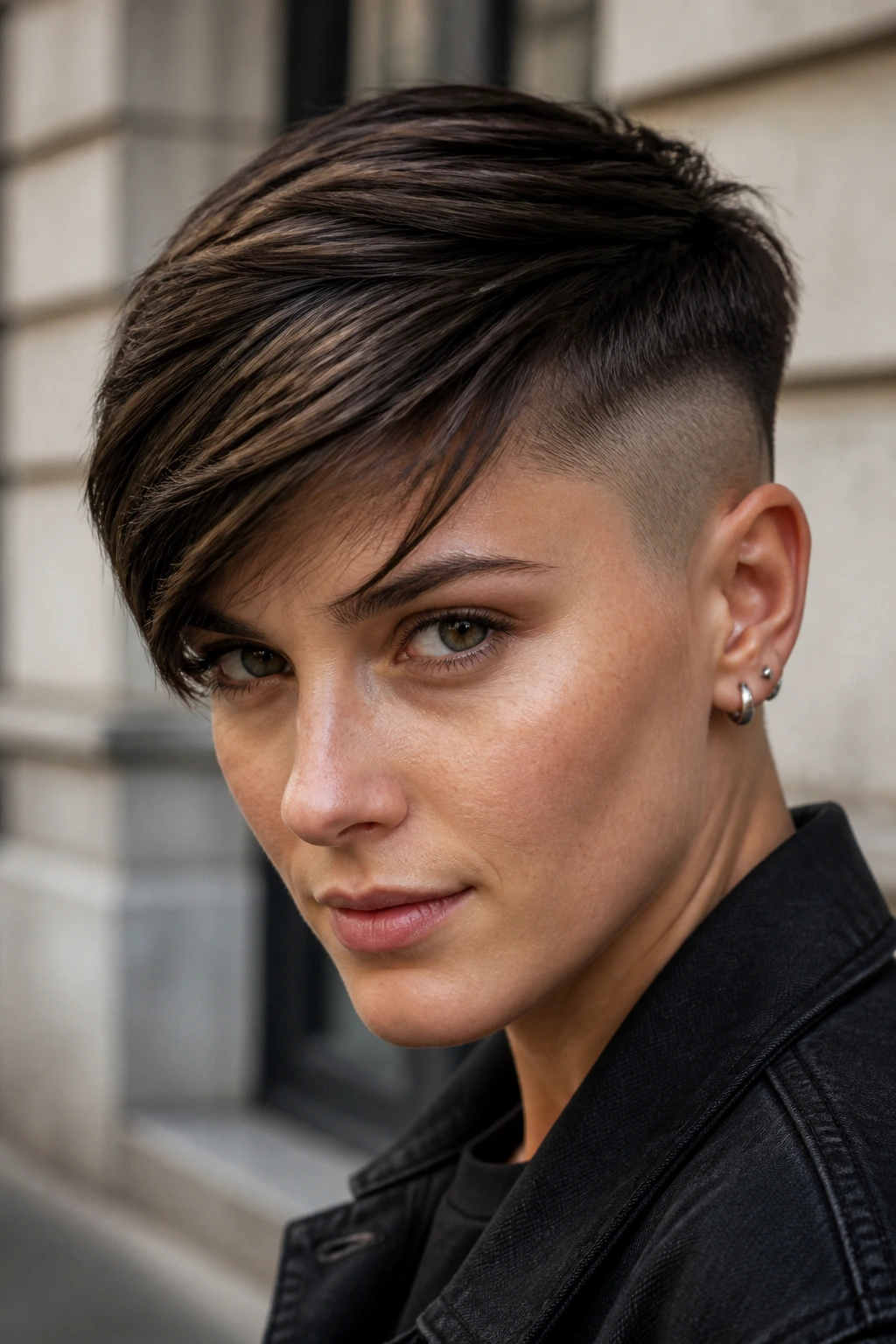 Portrait of a person with a side-swept crop hairstyle and shaved side.