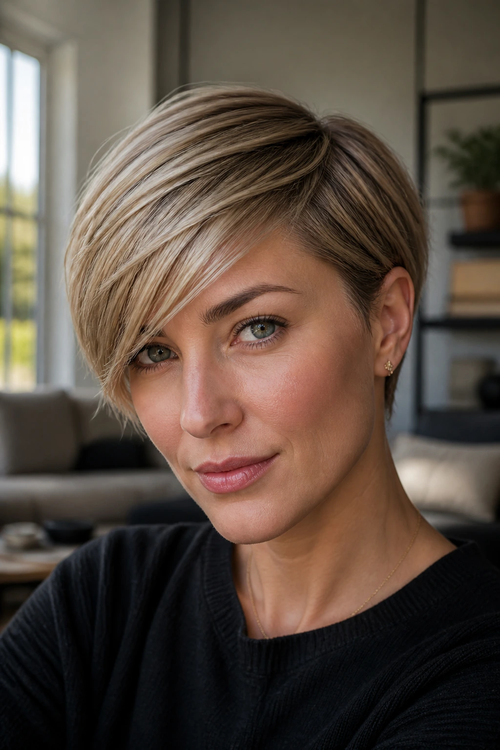 Portrait of woman with side-swept crop across forehead in soft light.