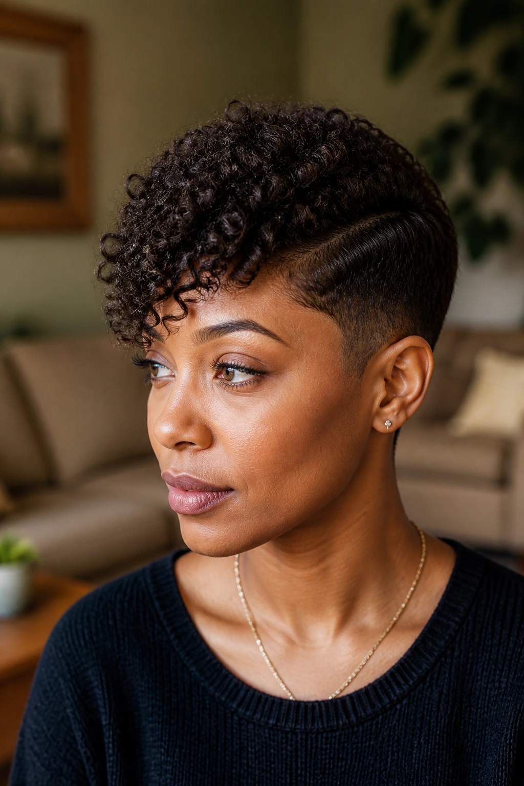 Close-up portrait of a real person with side-swept crop and temple taper