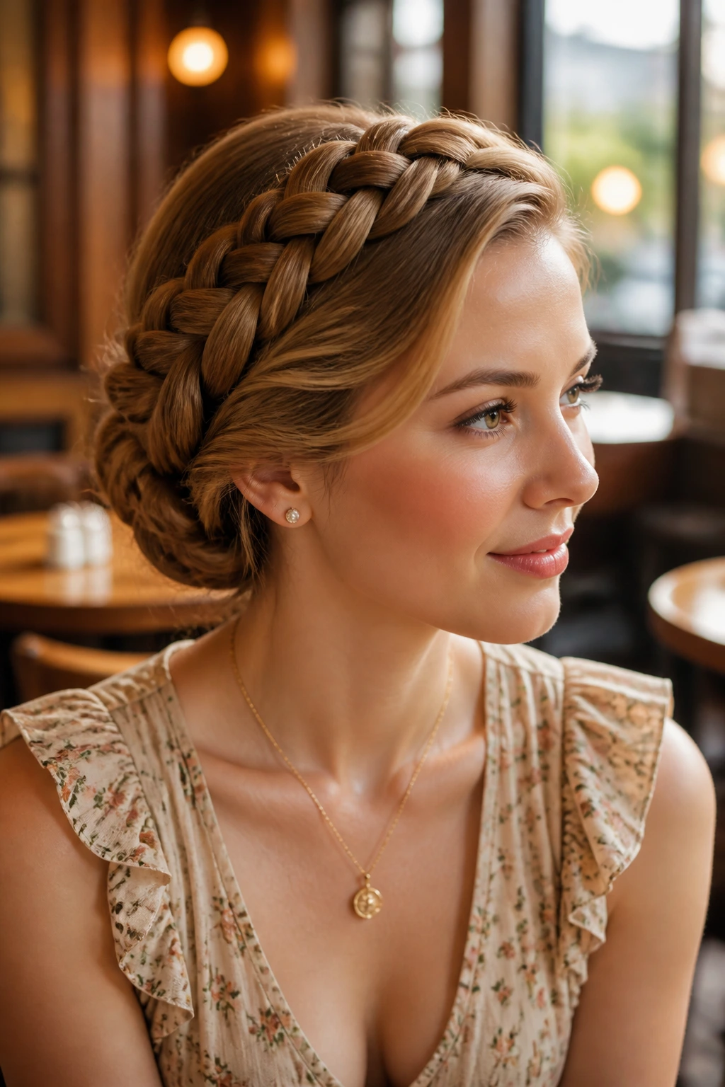 Portrait of a woman with a side-swept crown braid in warm light