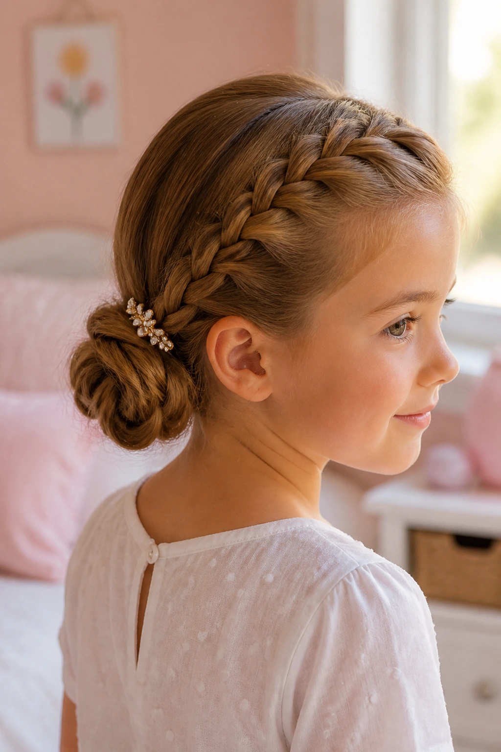 Close-up portrait of a real girl wearing a side-swept crown braid bun in warm window light