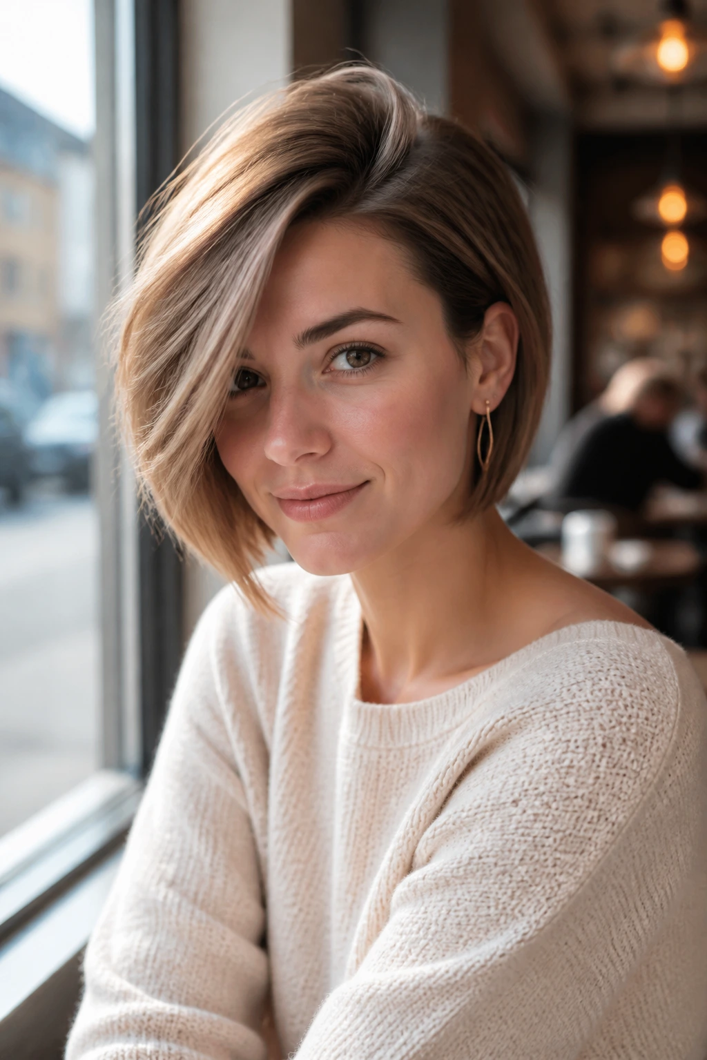 Close-up of a real woman with a side-swept bob showing crown lift in a cafe-like setting.