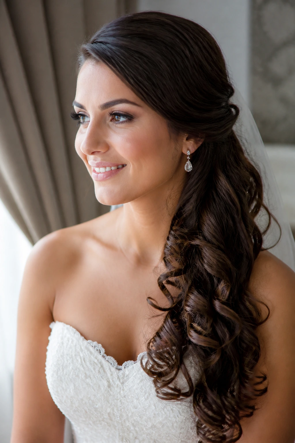 Close-up of bride with side-swept curl cascade hairstyle