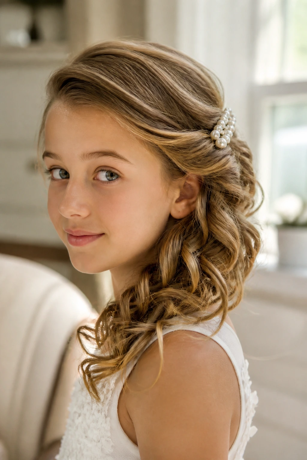 Close-up of a girl with side-swept curls pinned back with a pearl clip