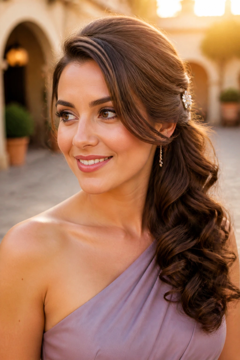 Close-up of a woman with side-swept curls pinned behind the ear