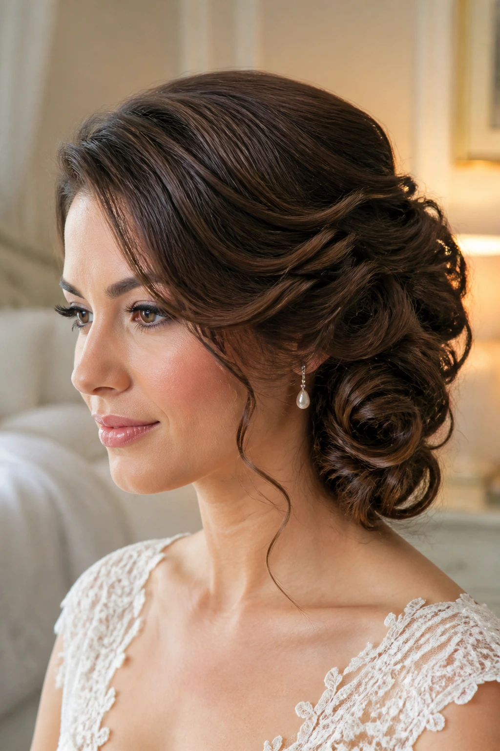 Bride with side-swept pinned curls.