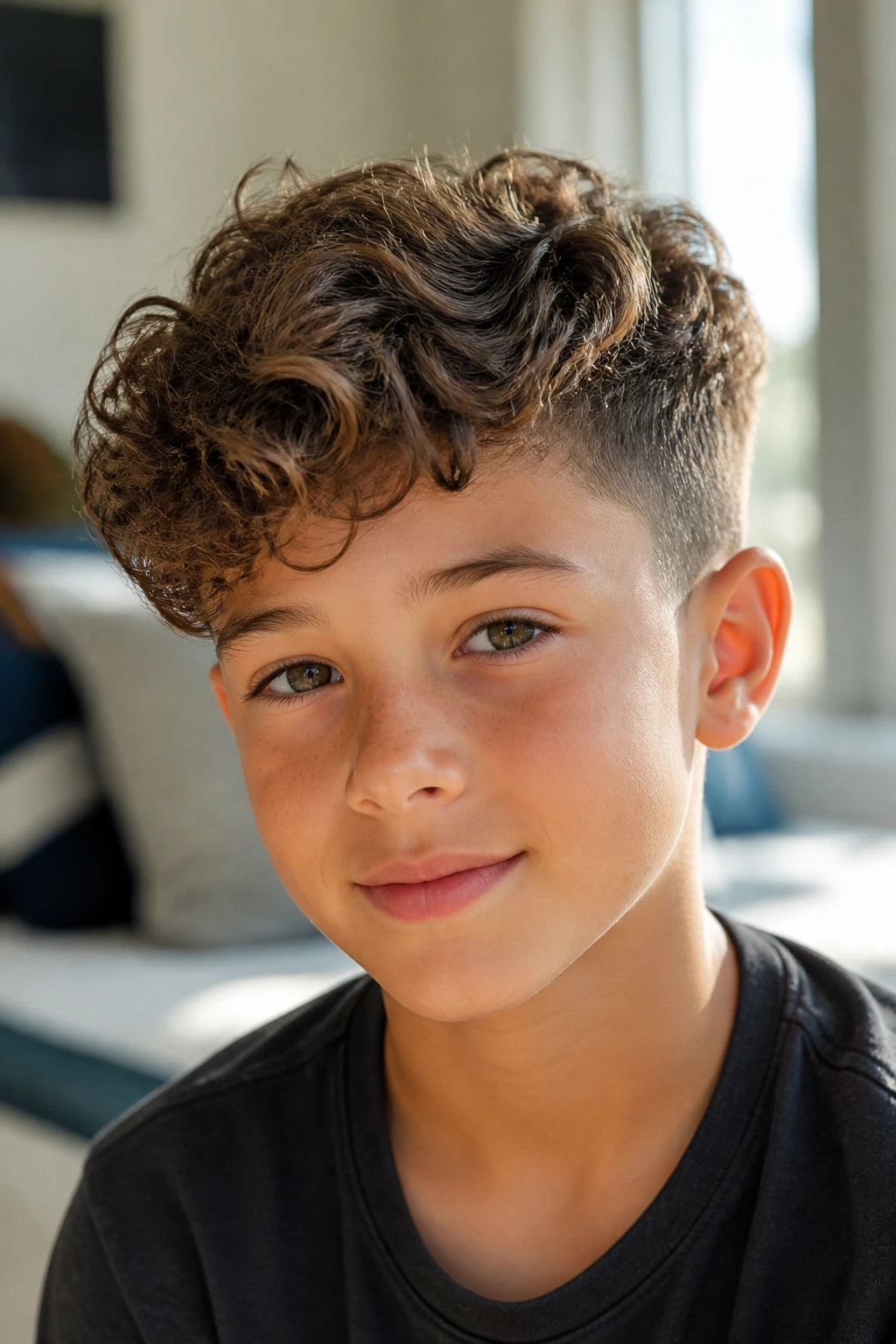 Close-up portrait of a boy with a side-swept curly crop hairstyle.