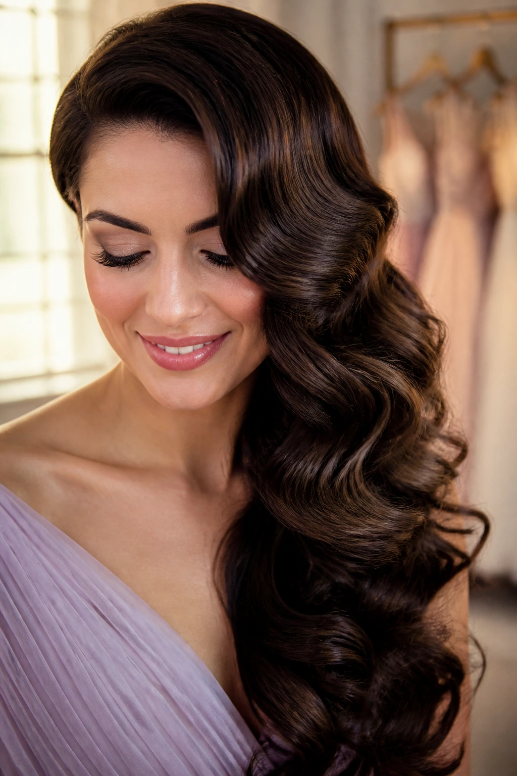 Close-up of a woman with side-swept Hollywood curls in a bridal dressing room