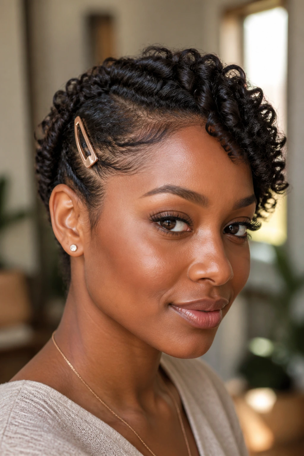 Close-up of a Black woman with defined side-swept curls secured by a clip