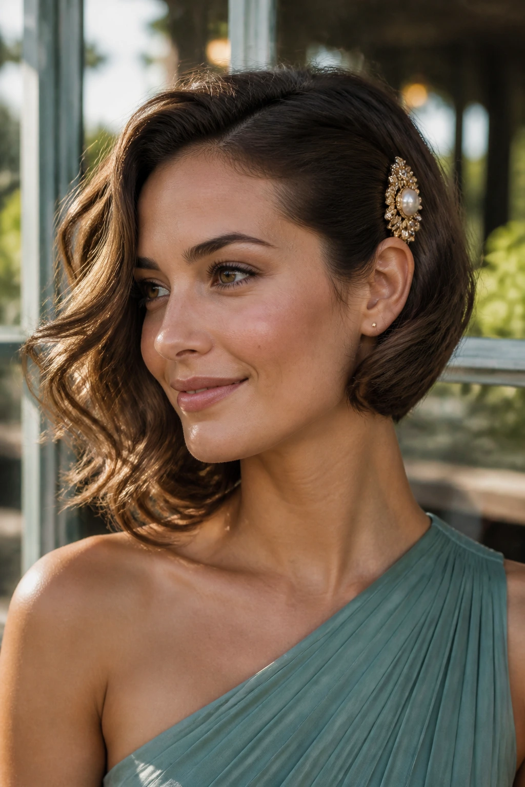 Portrait of a real woman with side-swept curls secured by a single statement clip behind the ear.