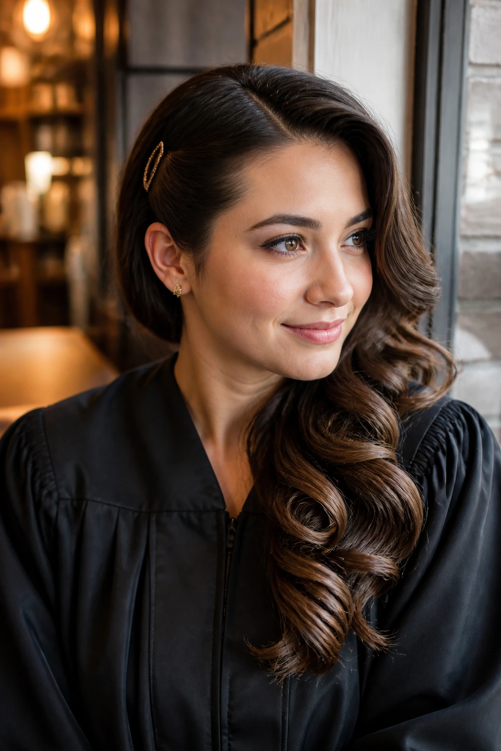 Portrait of a woman with side-swept curls and ear pin