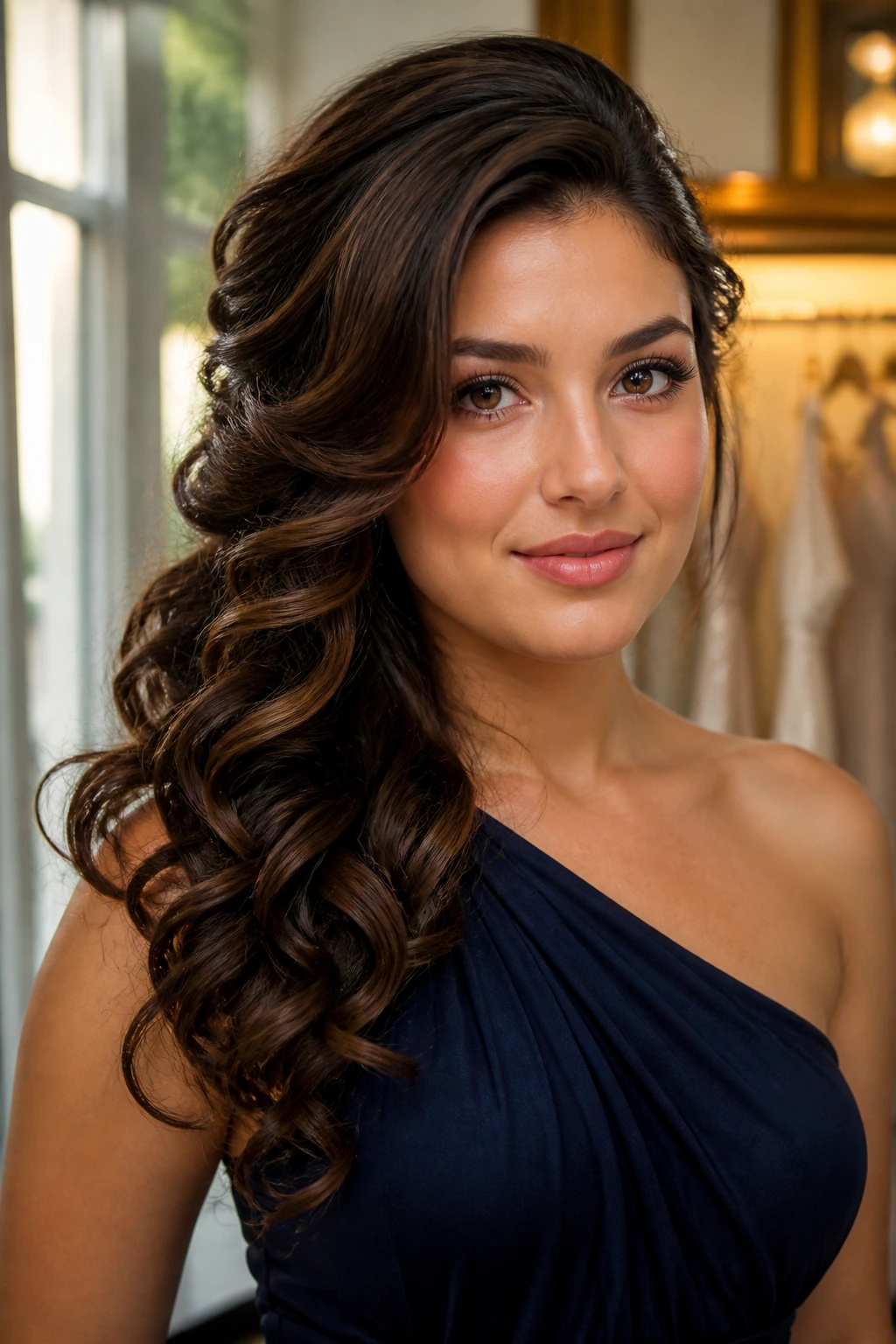 Close-up of side-swept curls framing the face for prom.