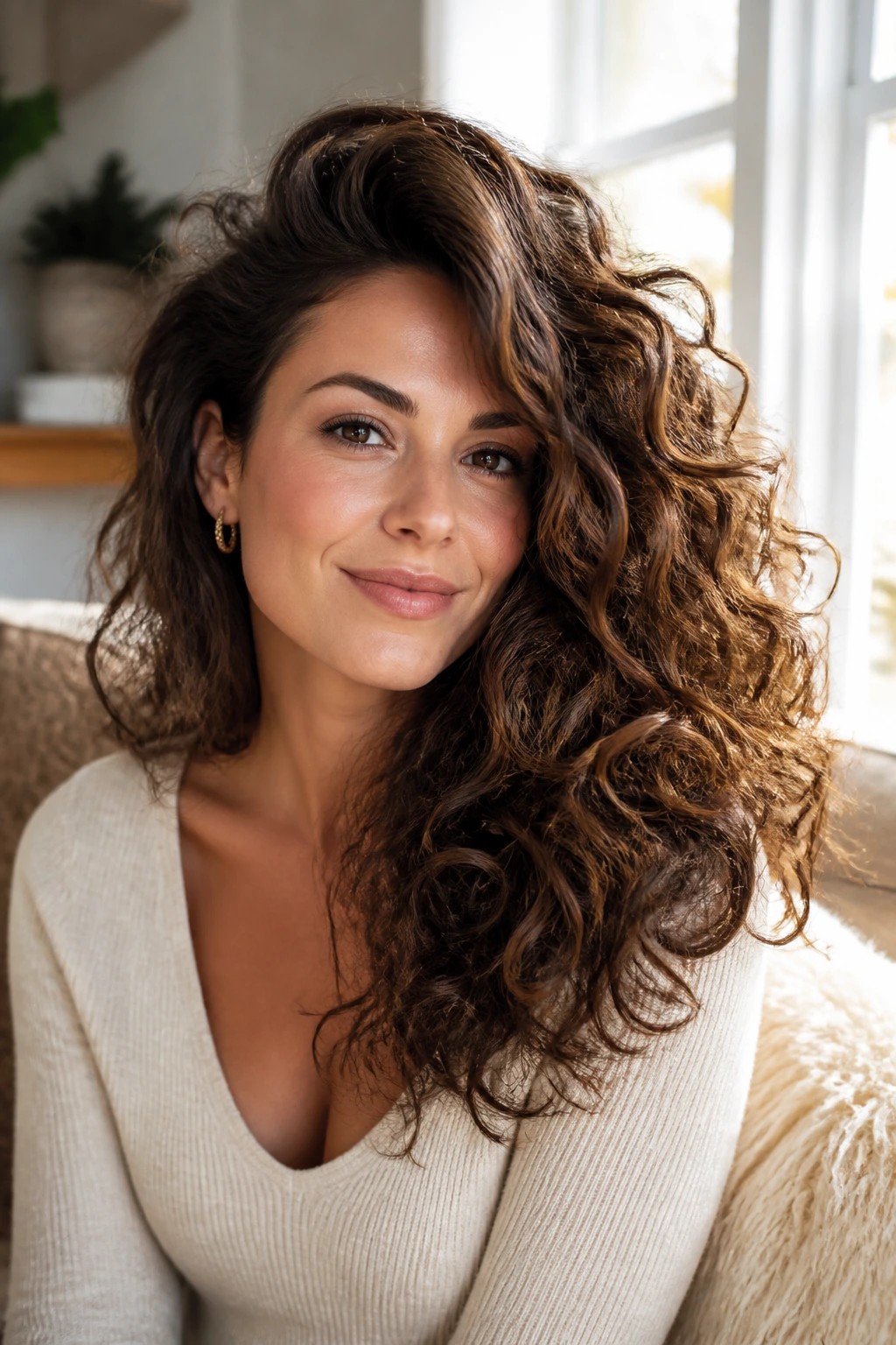 Close-up of a real woman with side-swept voluminous curly layers