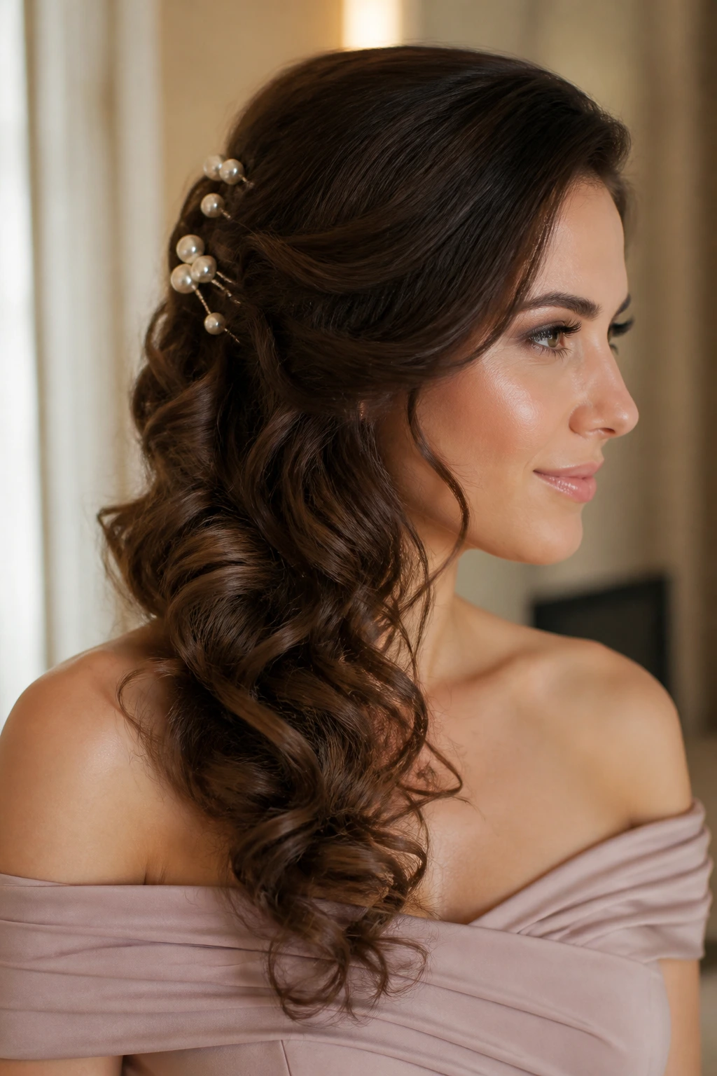 Close-up of a real woman with side-swept curls and pearl pins