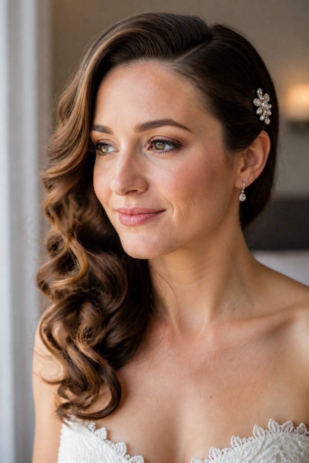 Close-up of a real bride with side-swept curls and a single sparkling pin at the temple