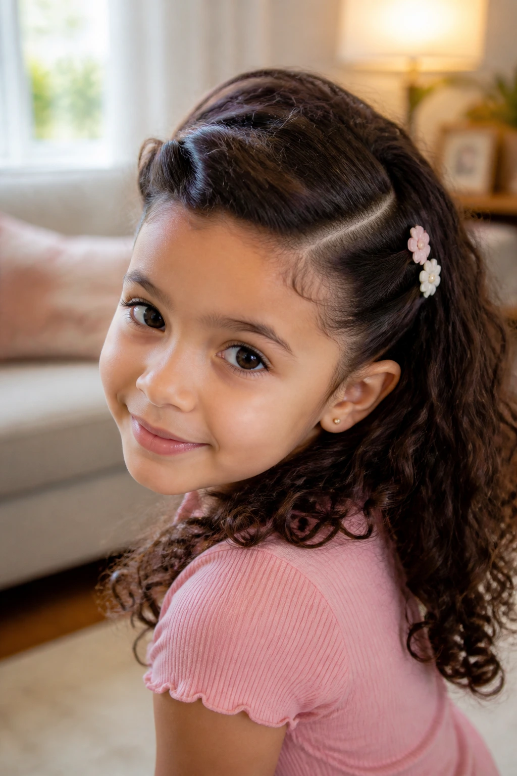 Close-up of a girl with side-swept pinned curls and two small barrettes