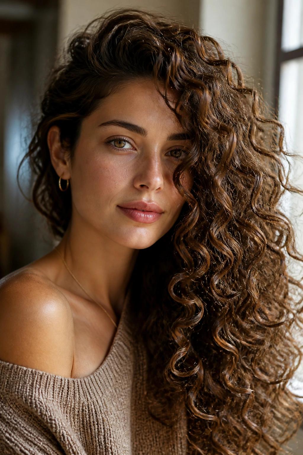 Portrait of a person with a side-swept curly hairstyle