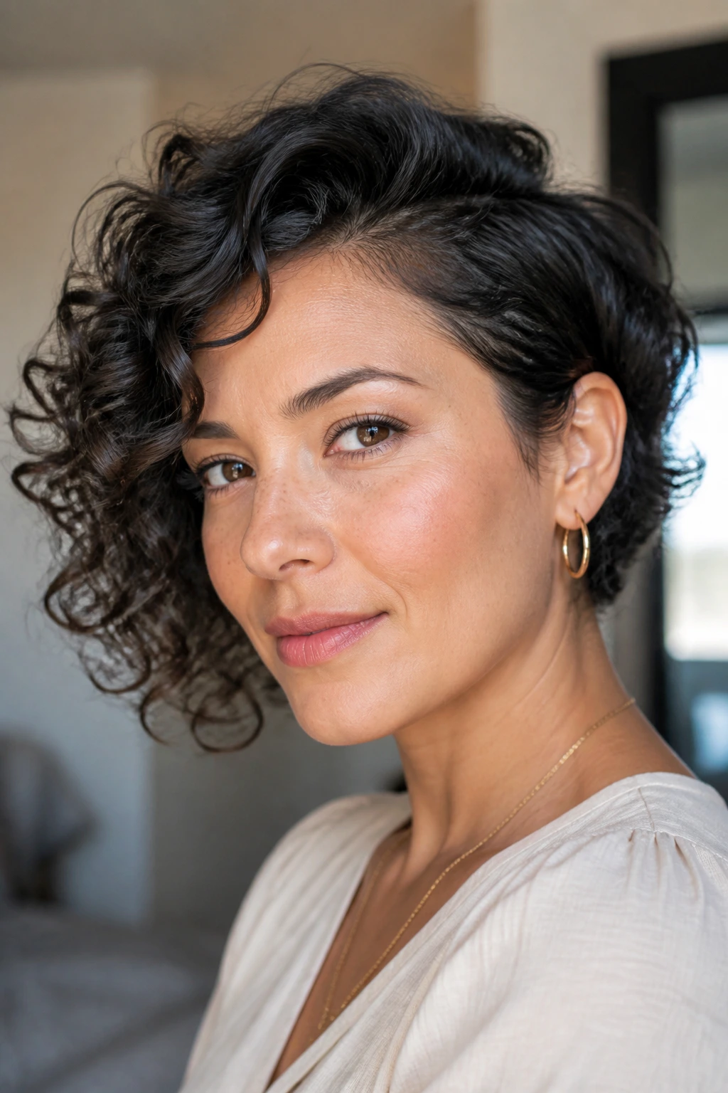 Close-up of real woman with side-swept curls photographed in natural light