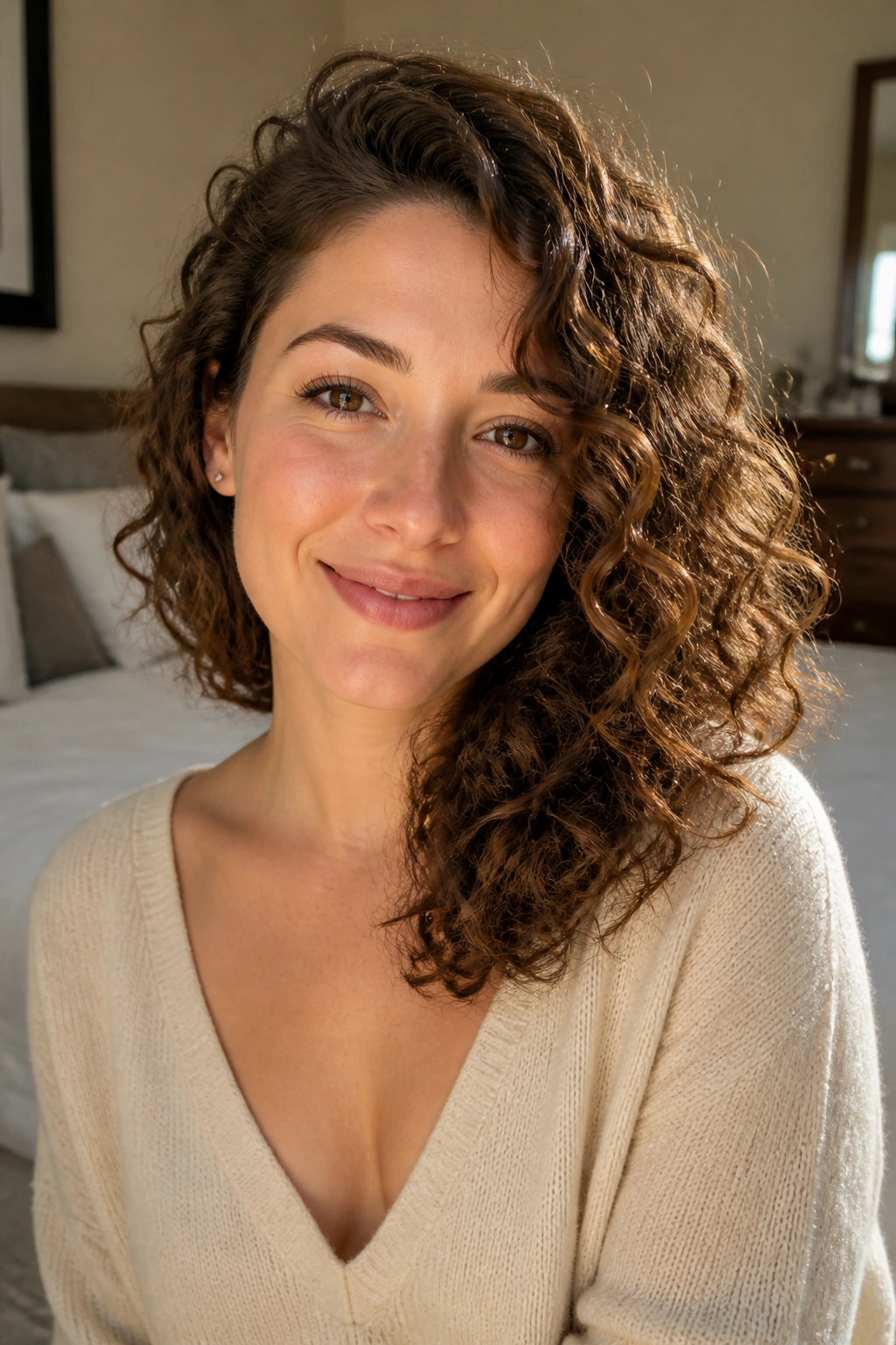 Close-up of Side-Swept Shoulder-Length Curls on a real woman with diagonal hair sweep in soft bedroom light