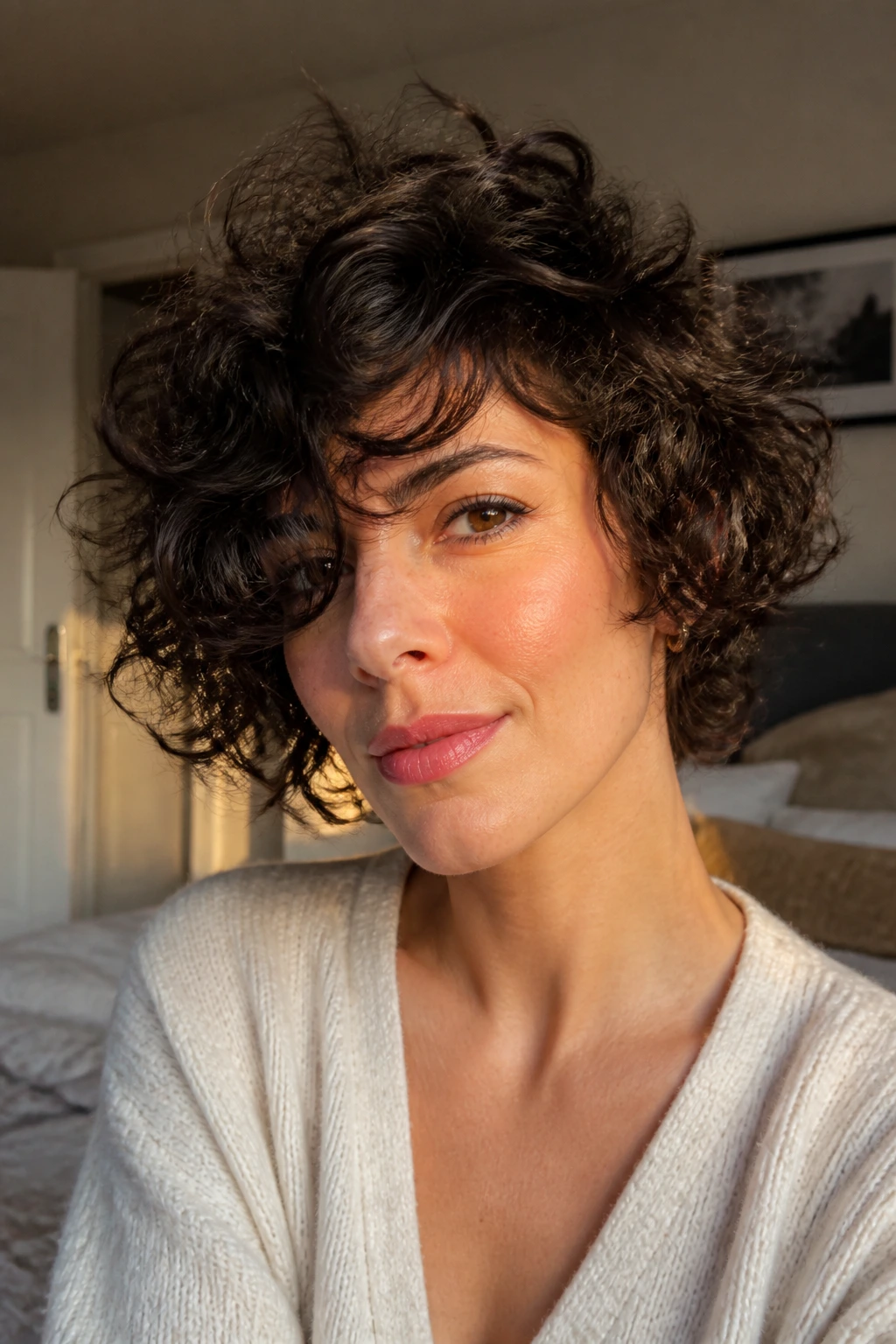 Close-up of a real woman with side-swept curly shag in a cozy bedroom.