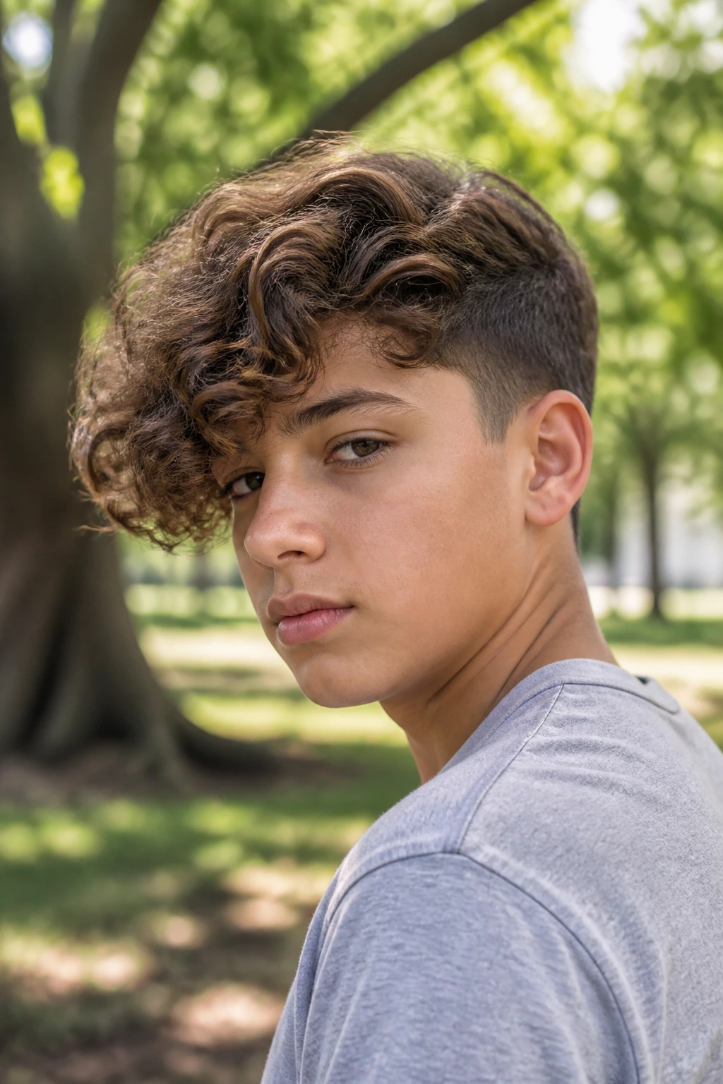 Real boy with side-swept long curls and tapered sides outdoors in a park