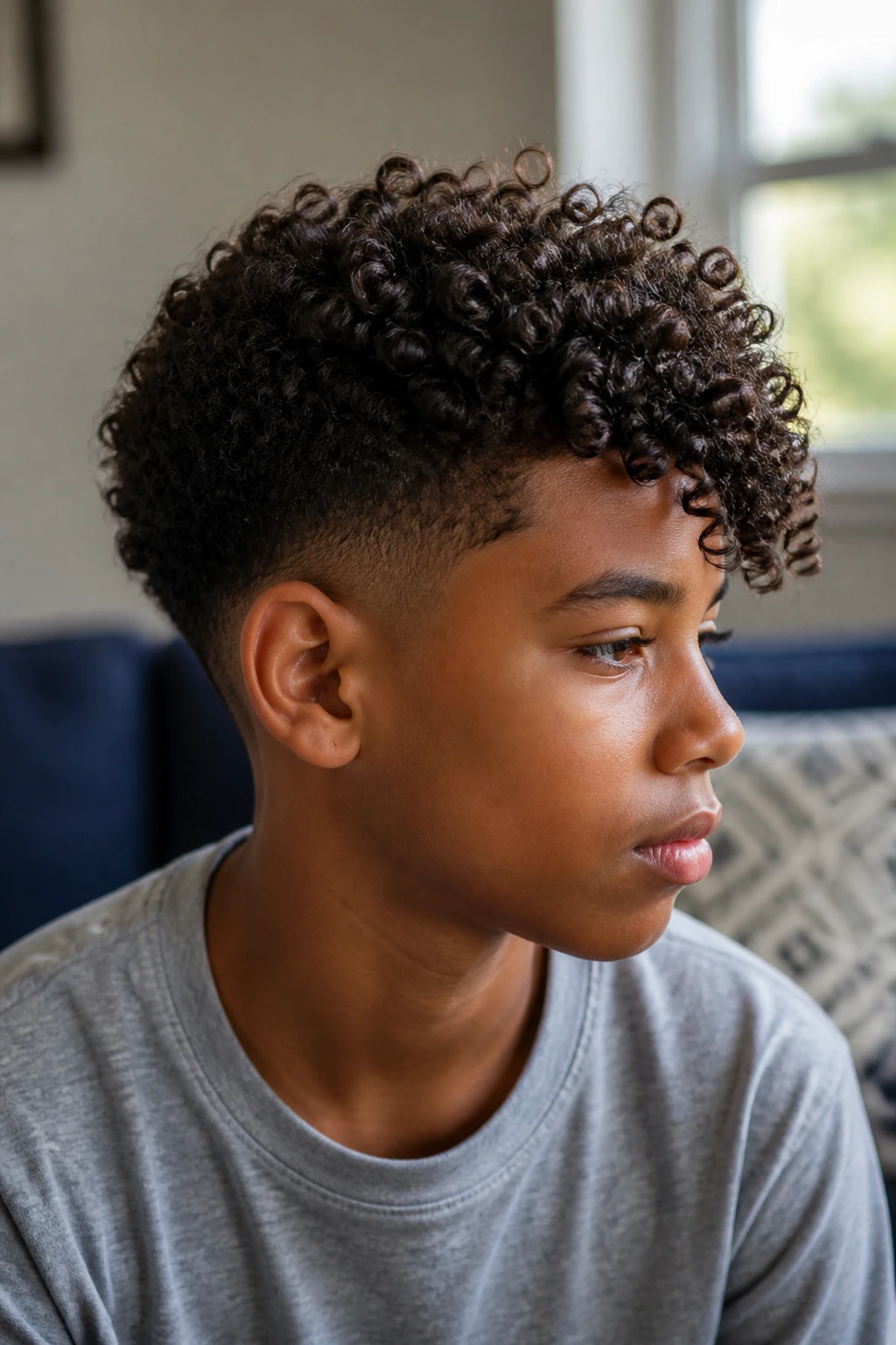 Portrait of a real Black boy with side-swept curls and taper in a cozy living room
