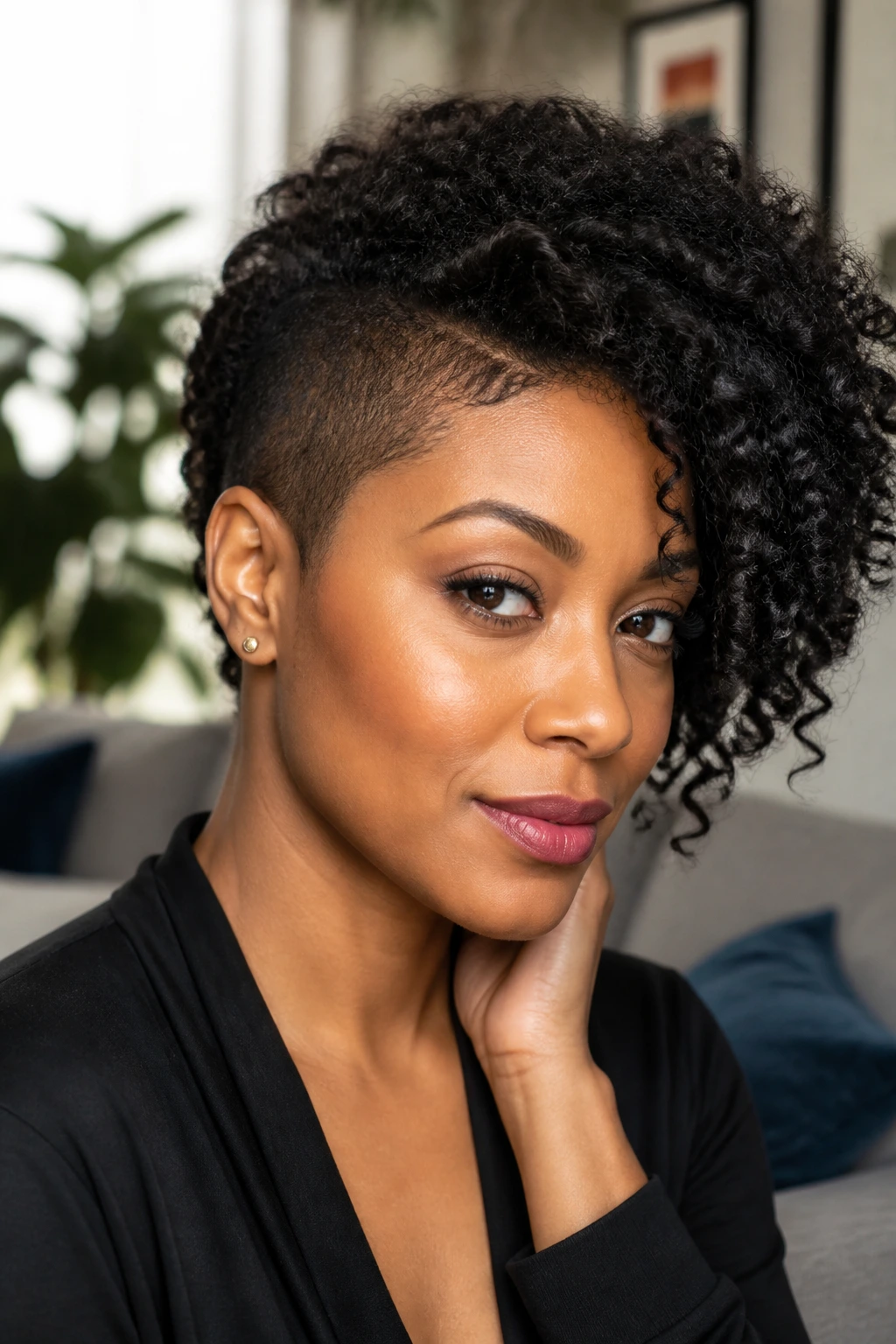 Real woman with side-swept curls and temple shave in a cozy room