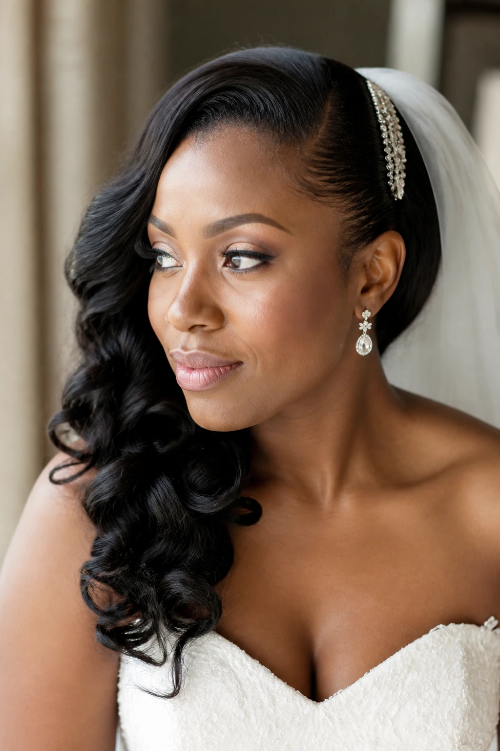 Close-up of real bride with side-swept curls and veil comb hairstyle