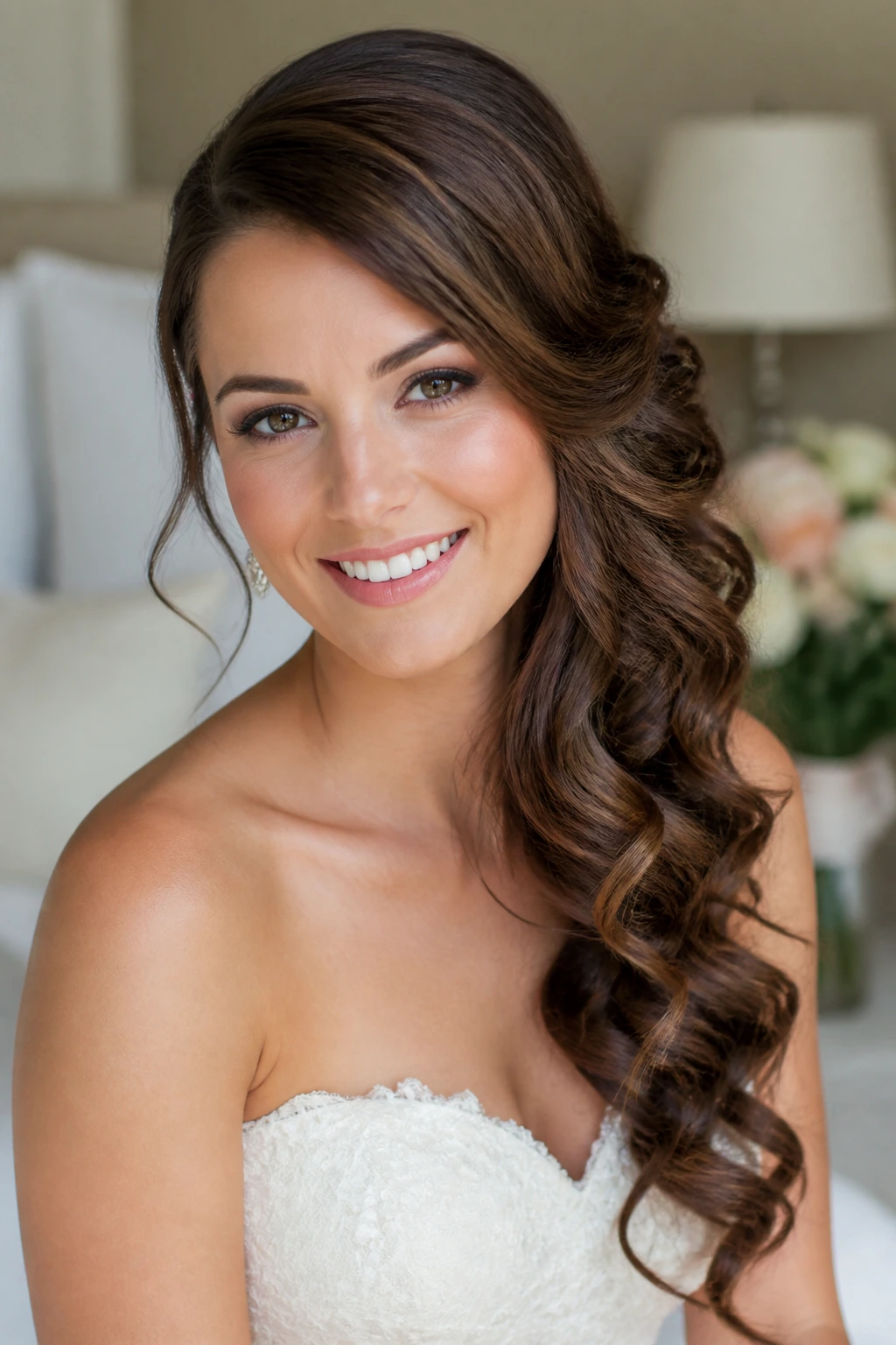 Close-up of romantic side-swept curls on real bride in bedroom light