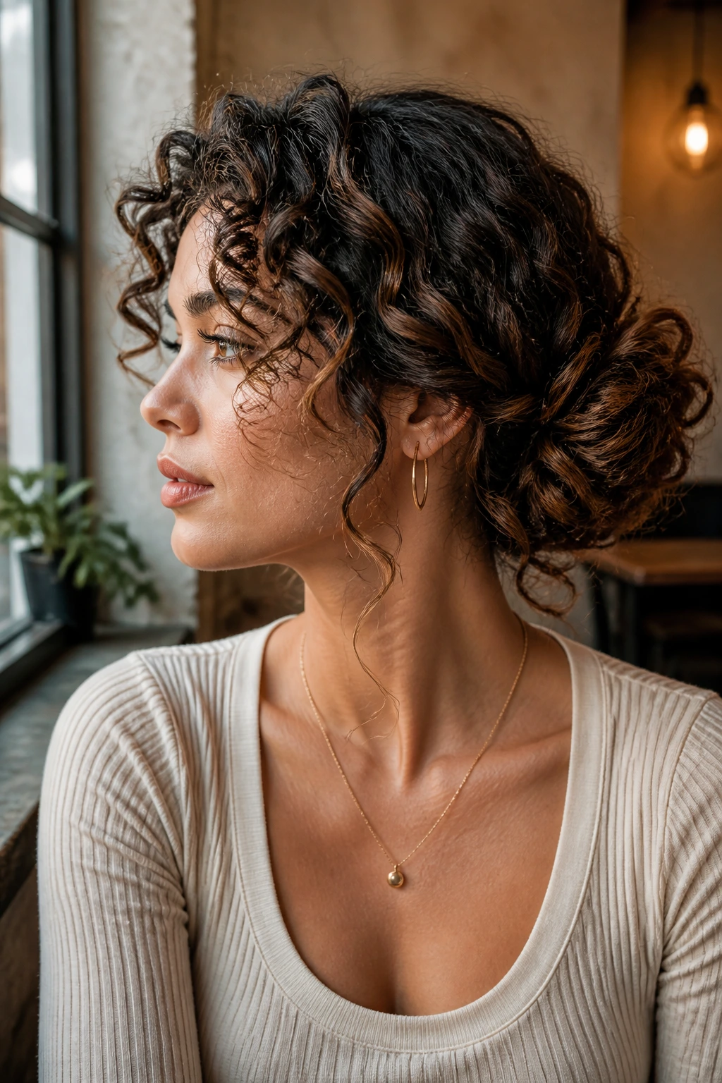 Side-swept curly bun with front curls framing the face