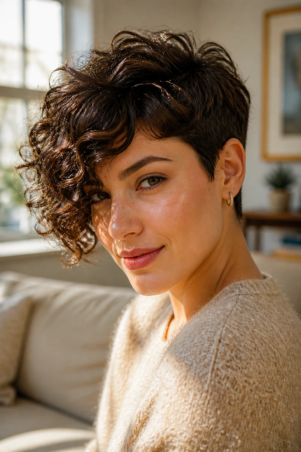 Close-up of a real woman with a side-swept curly crop showing directional volume