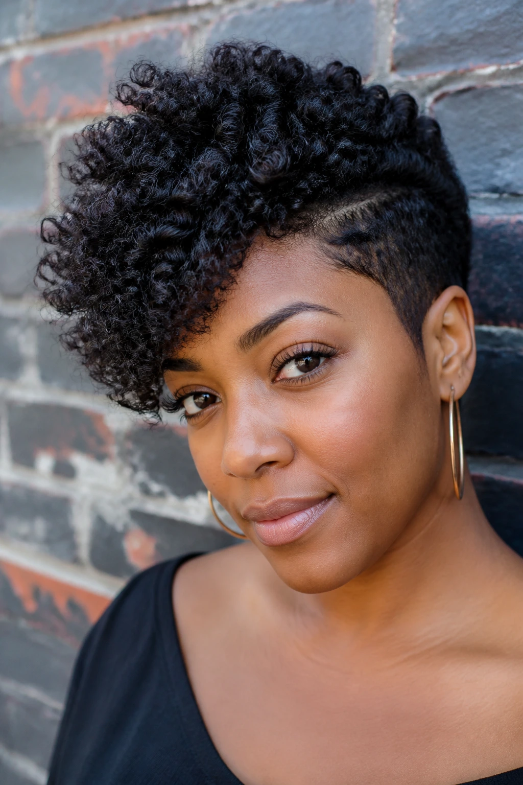 Close-up of a Black person with a side-swept curly crop.