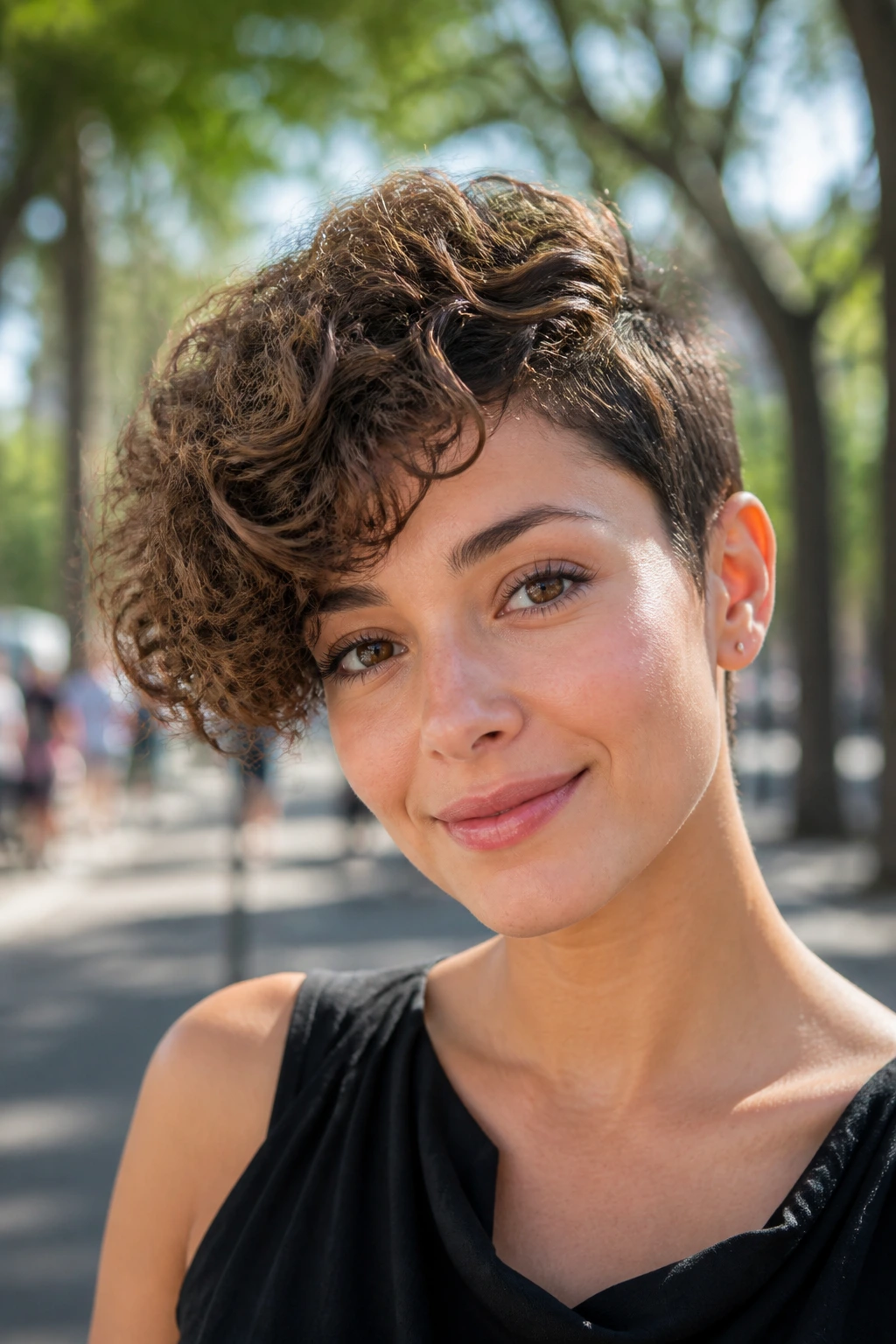 Portrait of a person with side-swept curly crop in an urban setting