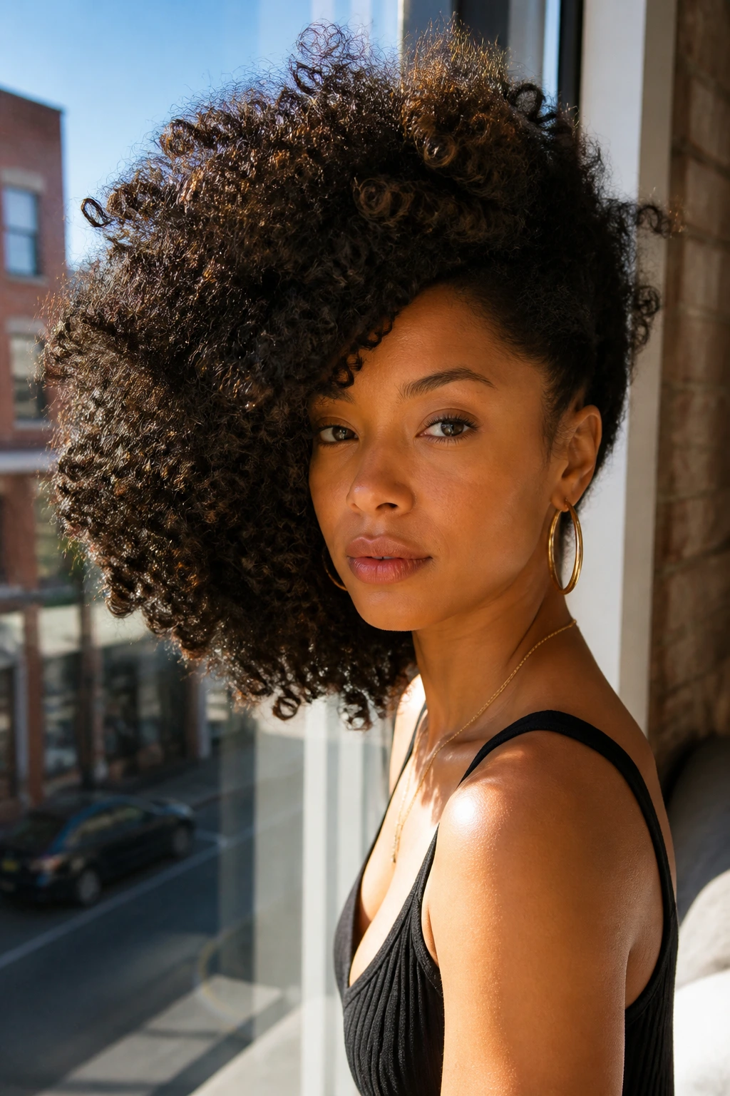 Portrait of a woman with a side-swept curly afro filling the frame.