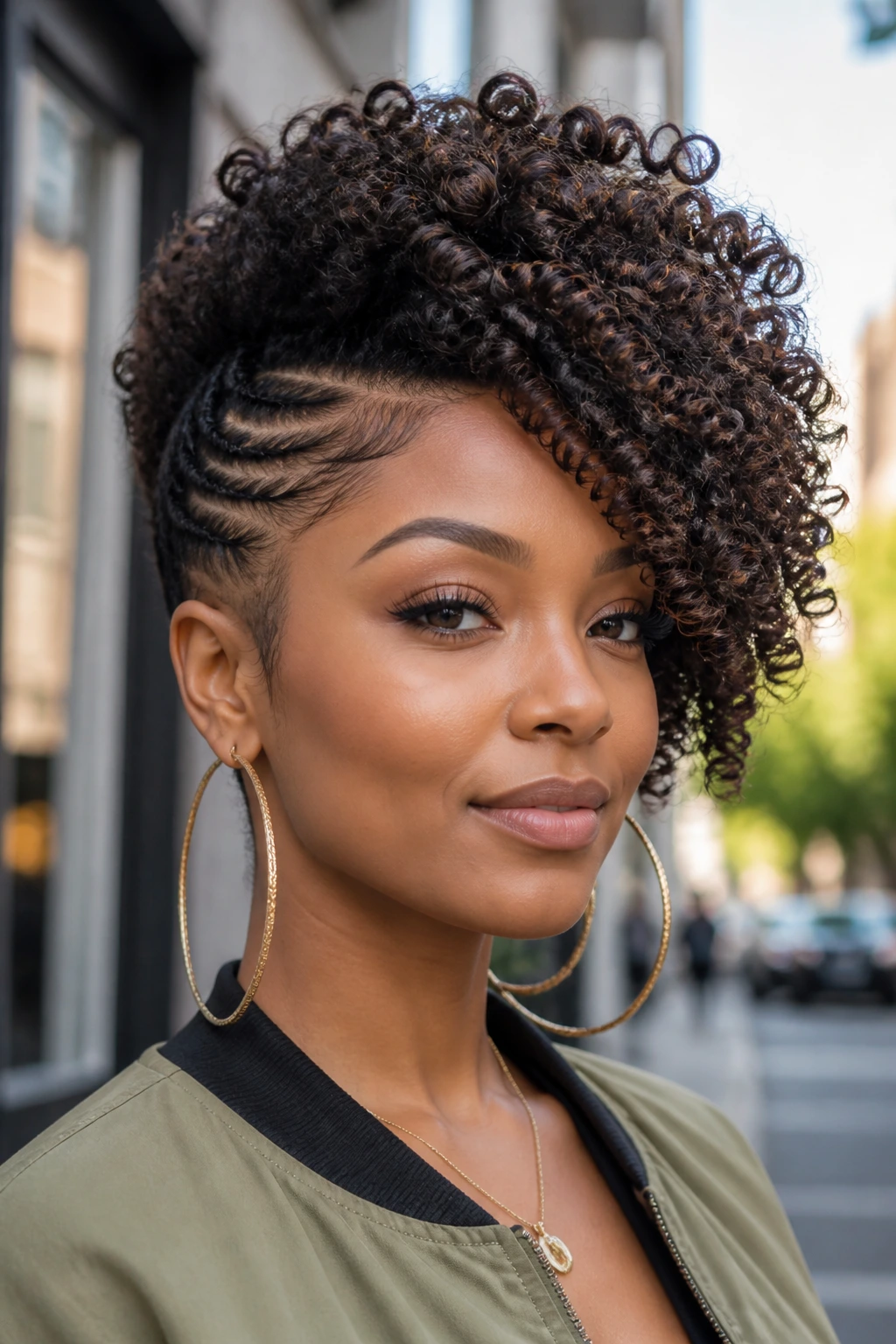 Close-up of a real woman with side-swept curly crochet hawk